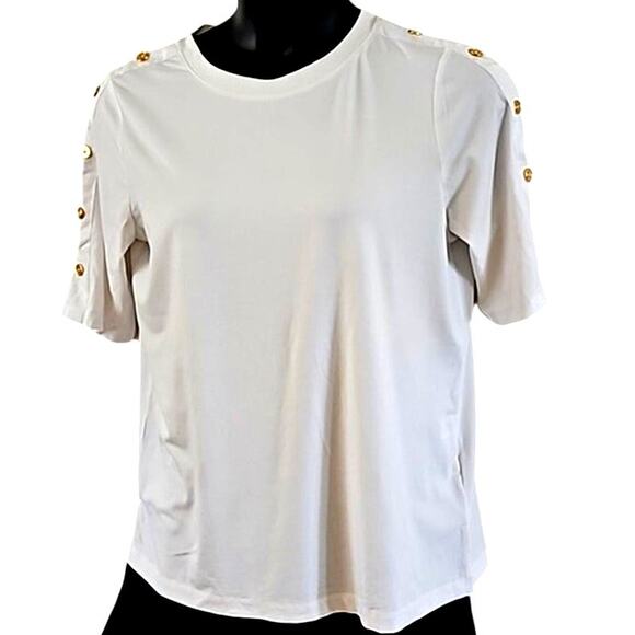 Martha Stewart Short Sleeve Top with Gold Button Shoulder Detail - Size Small - Picture 3 of 6